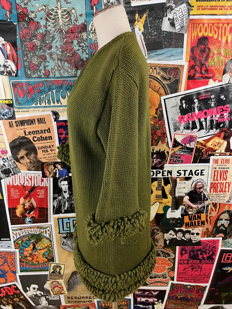 Vintage Women's 60s Green Knit Loop Stitch Mimi Martin Mills Wool Cardigan Sweater XS