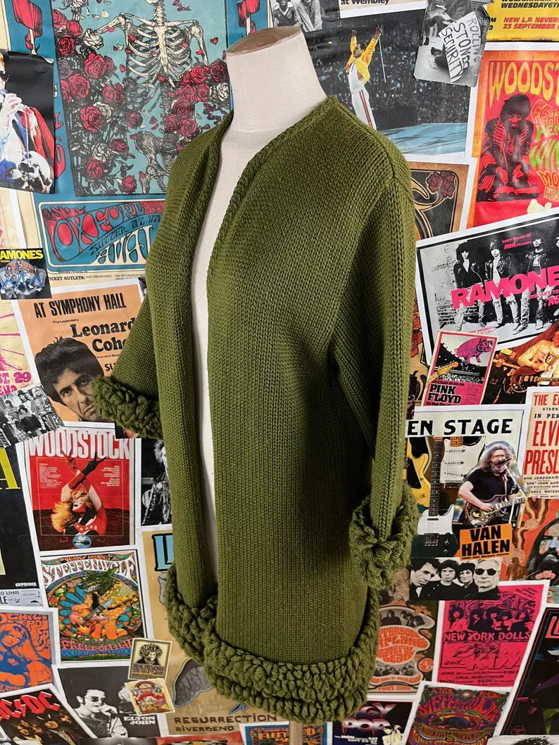 Vintage Women's 60s Green Knit Loop Stitch Mimi Martin Mills Wool Cardigan Sweater XS