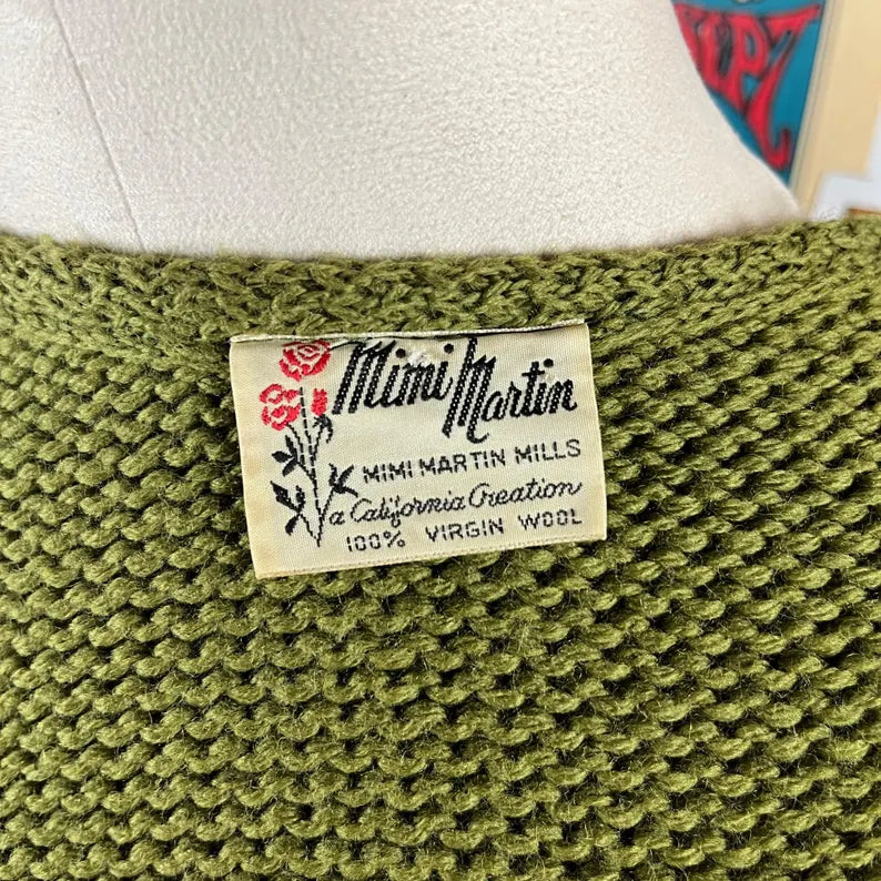 Vintage Women's 60s Green Knit Loop Stitch Mimi Martin Mills Wool Cardigan Sweater XS