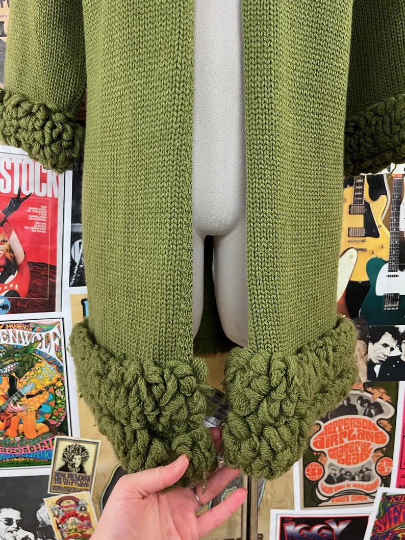 Vintage Women's 60s Green Knit Loop Stitch Mimi Martin Mills Wool Cardigan Sweater XS