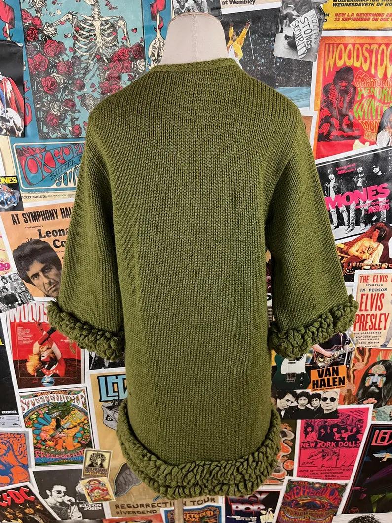 Vintage Women's 60s Green Knit Loop Stitch Mimi Martin Mills Wool Cardigan Sweater XS