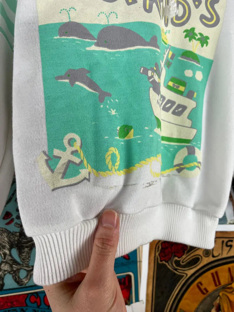 Vintage Toddler 90s Pastel Striped J.C. Kids Nautical Dolphin Whales Striped Graphic Print Hoodie Pullover Sweatshirt 3T-4T