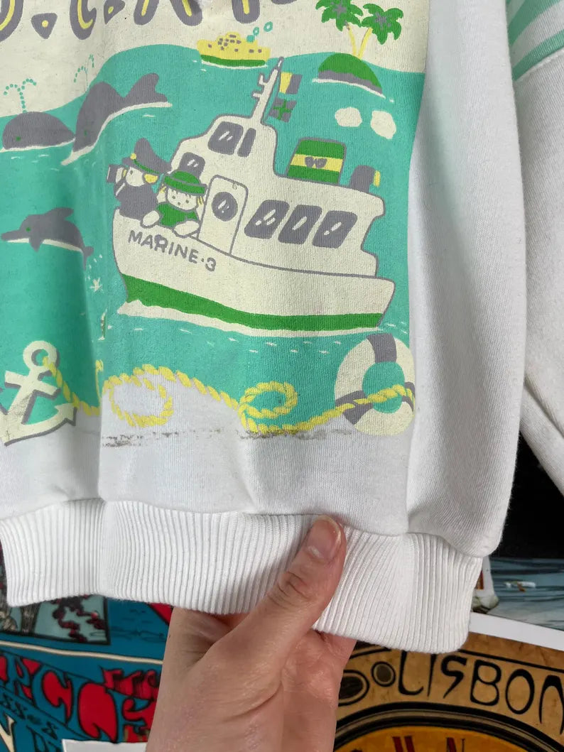 Vintage Toddler 90s Pastel Striped J.C. Kids Nautical Dolphin Whales Striped Graphic Print Hoodie Pullover Sweatshirt 3T-4T