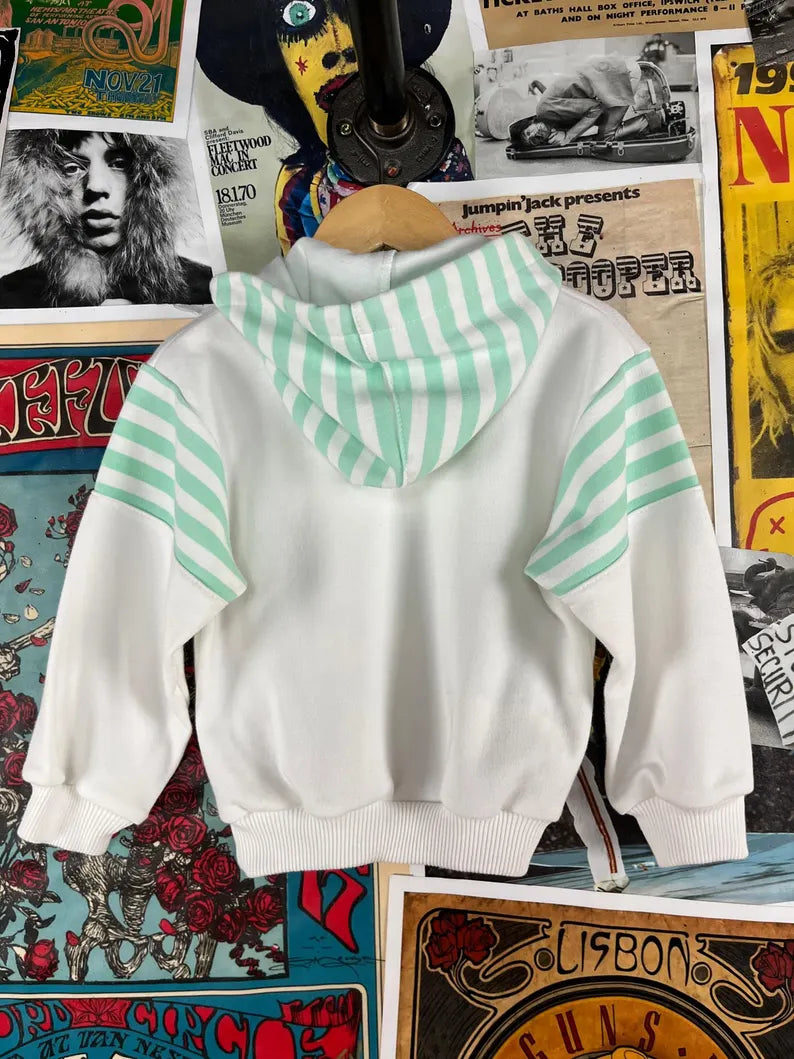 Vintage Toddler 90s Pastel Striped J.C. Kids Nautical Dolphin Whales Striped Graphic Print Hoodie Pullover Sweatshirt 3T-4T