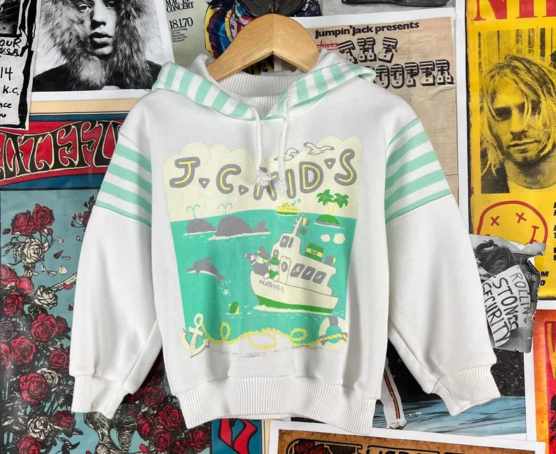 Vintage Toddler 90s Pastel Striped J.C. Kids Nautical Dolphin Whales Striped Graphic Print Hoodie Pullover Sweatshirt 3T-4T