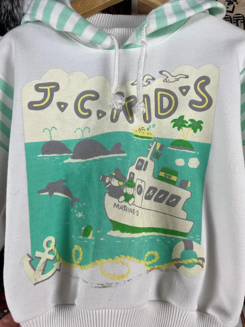 Vintage Toddler 90s Pastel Striped J.C. Kids Nautical Dolphin Whales Striped Graphic Print Hoodie Pullover Sweatshirt 3T-4T