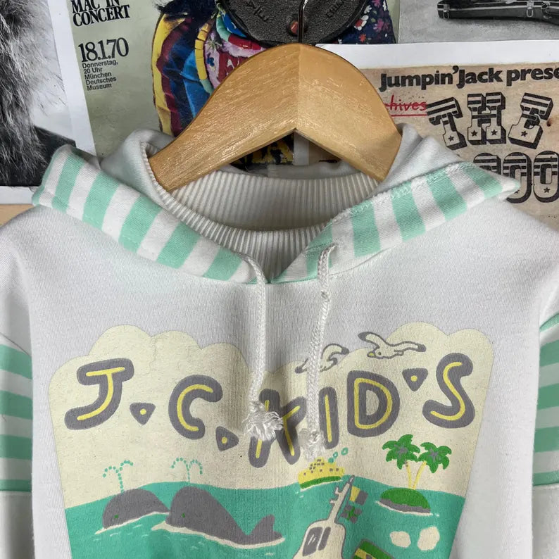 Vintage Toddler 90s Pastel Striped J.C. Kids Nautical Dolphin Whales Striped Graphic Print Hoodie Pullover Sweatshirt 3T-4T
