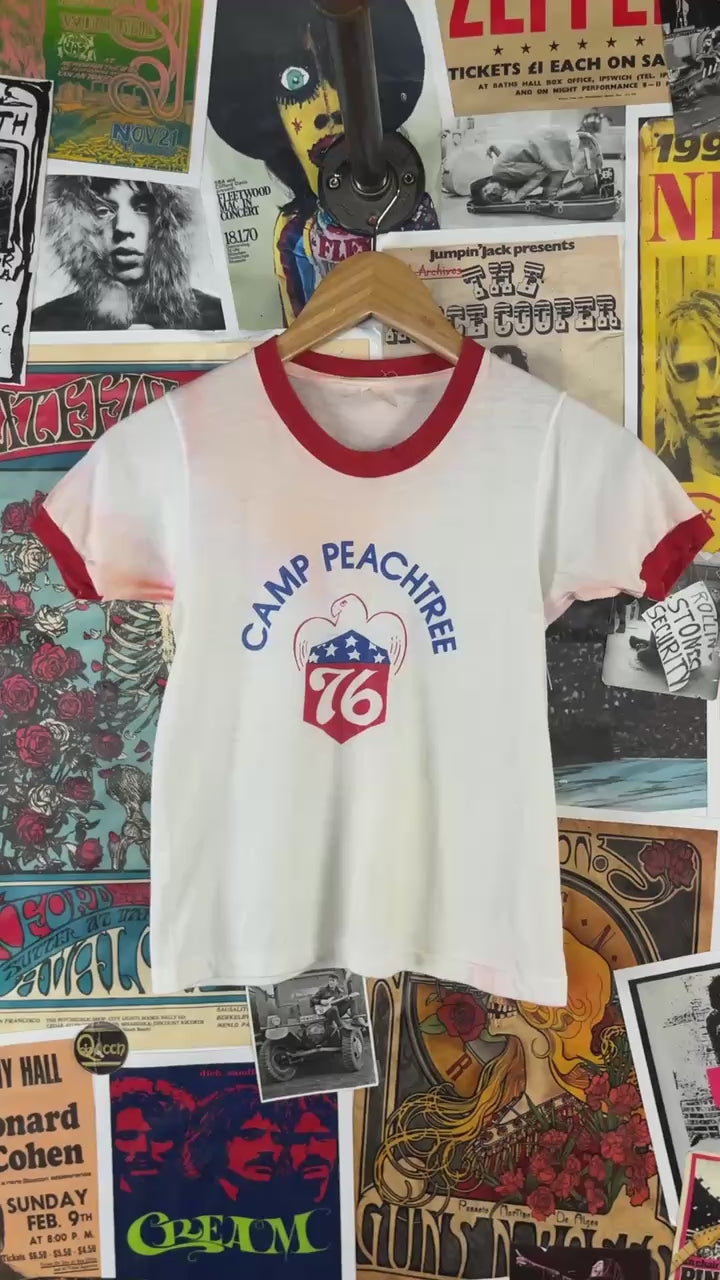 Vintage Kids 70s Camp Peachtree 76 Graphic Ringer T-shirt Ages 7-8